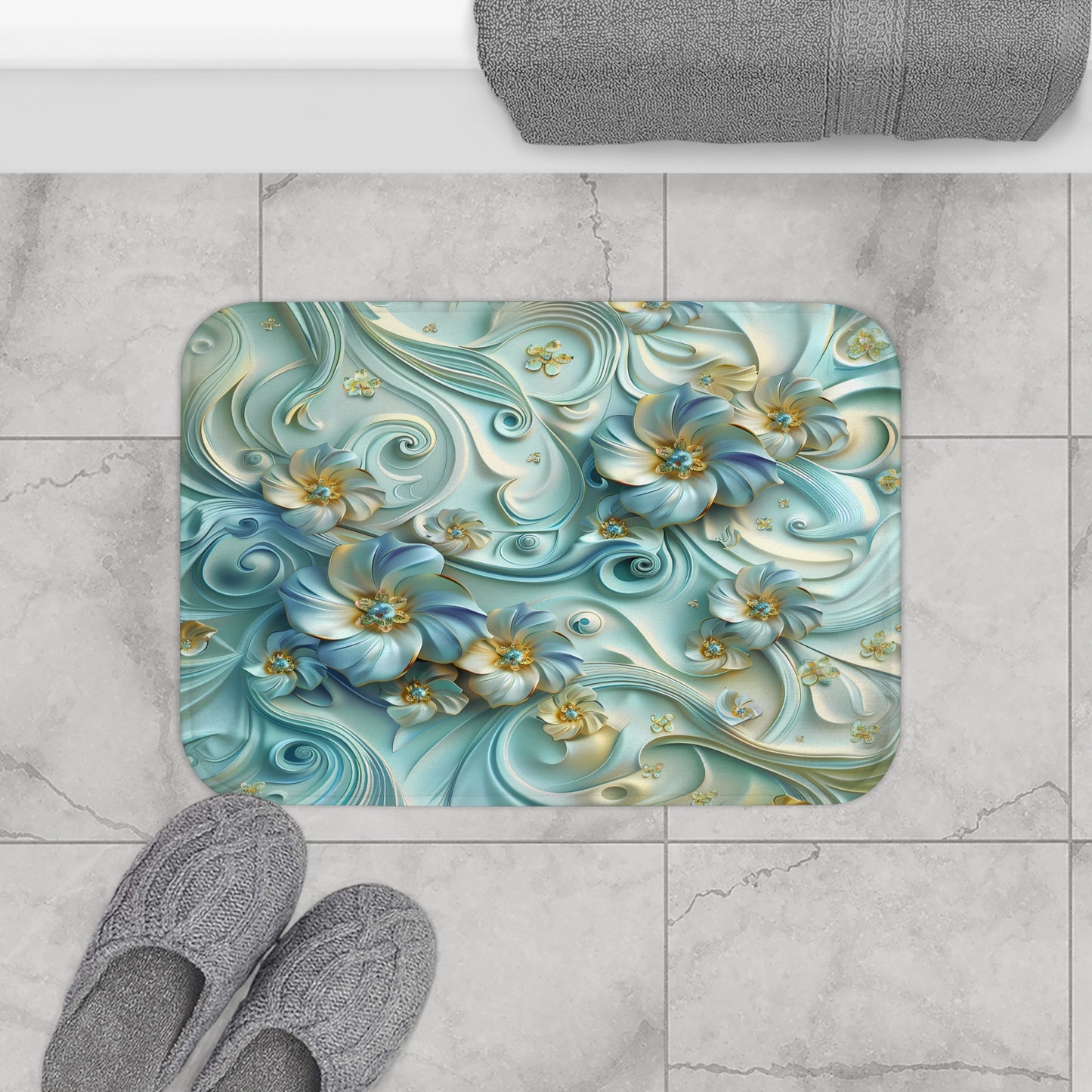 Bath Mat - Blossoming Bliss Light Blue Flower