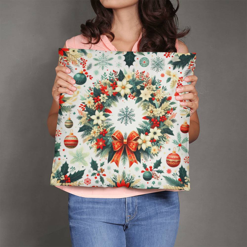 Cozy Floral Christmas Wreath Pillow