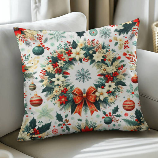 Cozy Floral Christmas Wreath Pillow