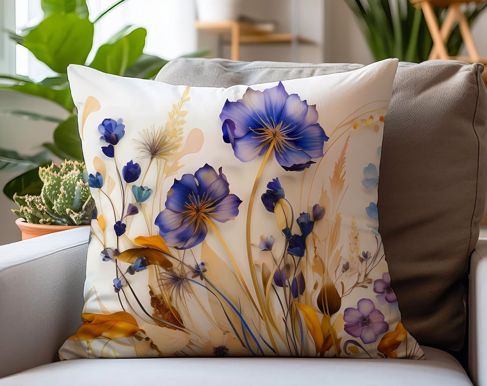 Blue Vintage Charming Wildflower Square Pillow